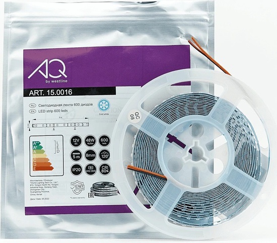 Лента светодиодная AQ 2835 IP20 холодный белый 12V 48W/5m 8mm