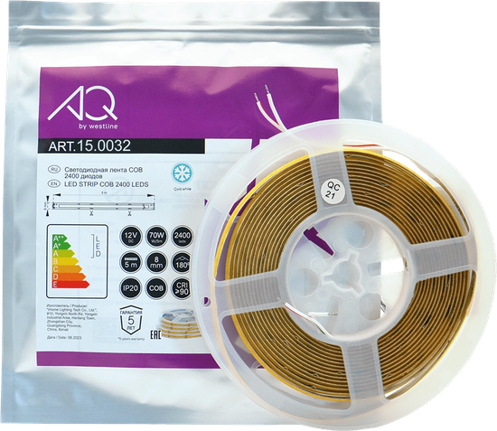 Лента светодиодная AQ COB IP20 холодный белый 12V 70W/5m 8mm