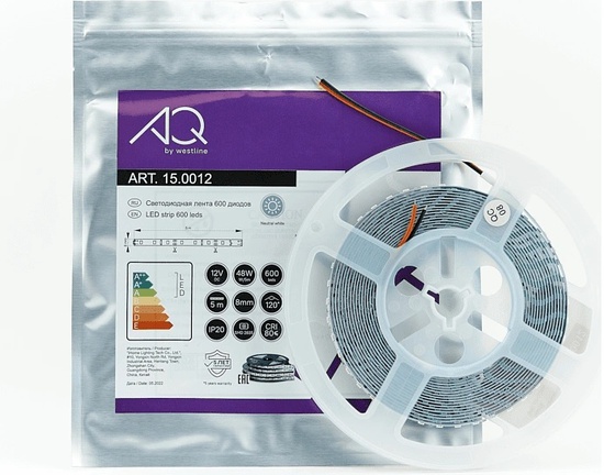 Лента светодиодная AQ 2835 IP20 нейтральный белый 12V 48W/5m 8mm